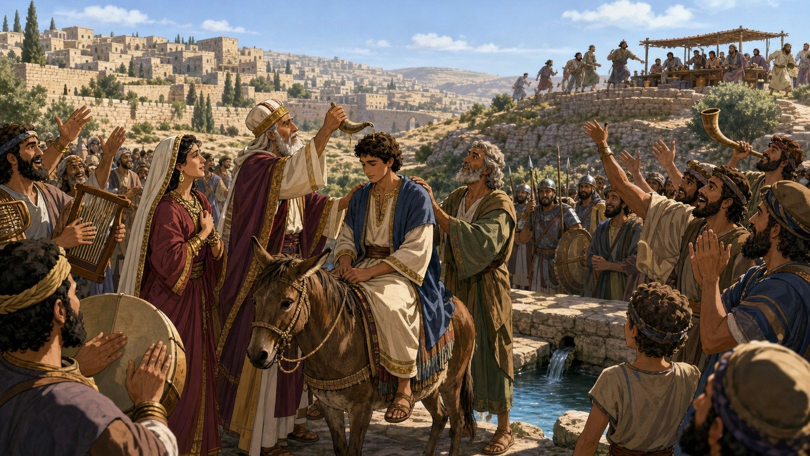 تصویر رویداد: تلاش ادونیا برای غصب تخت و مسح سلیمان به پادشاهی
