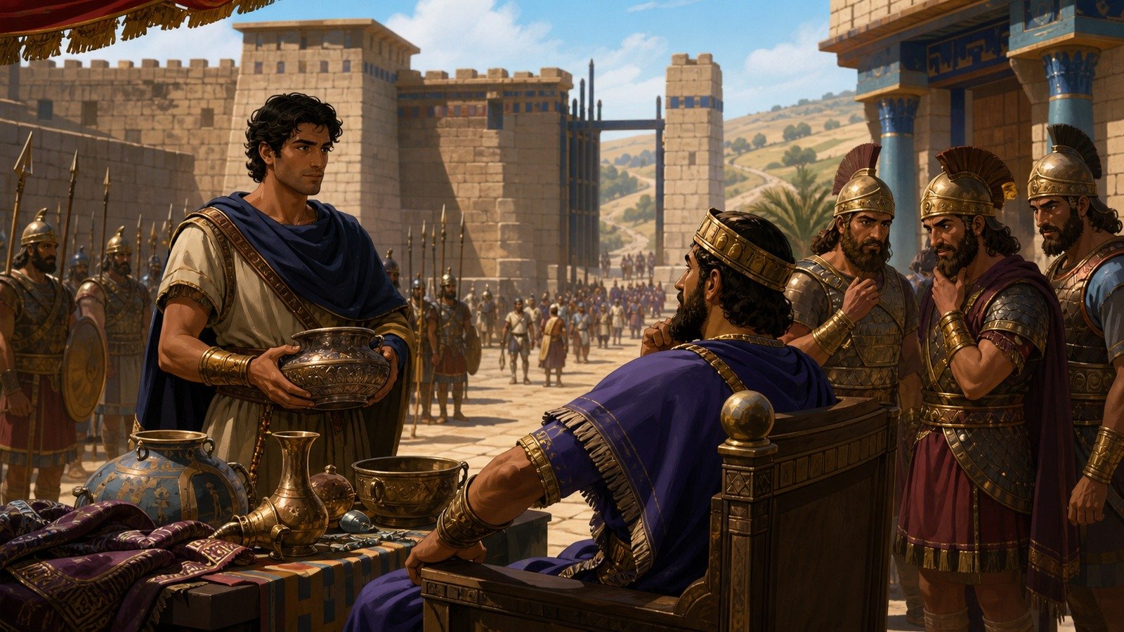 تصویر رویداد: خدمت داوود نزد اخیش جَتی و فریب او دربارهٔ تاخت‌وتازهایش