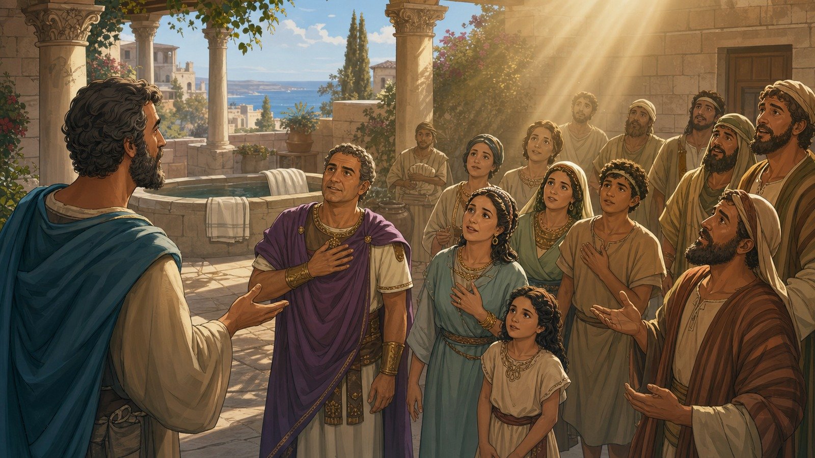 تصویر رویداد: نزول روح‌القدس بر خانوادهٔ کرنِلیوس و تعمید غیریهودیان
